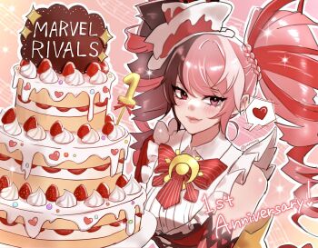 Rule 34 | 1girl, absurdres, anniversary, asymmetrical gloves, bow, brown gloves, brown hair, cake, commentary, copyright name, drill hair, english commentary, english text, food, frills, fruit, gloves, heart, heterochromia, highres, holding, holding cake, holding food, icing, lolita fashion, looking at viewer, looking to the side, luna snow, luna snow (cherry delight), marvel, marvel rivals, mismatched gloves, multicolored hair, musical note, official alternate costume, pannaaq, pink background, pink eyes, pink gloves, pink hair, red bow, red eyes, red hair, smile, solo, split-color hair, strawberry, sweet lolita, twin drills, upper body