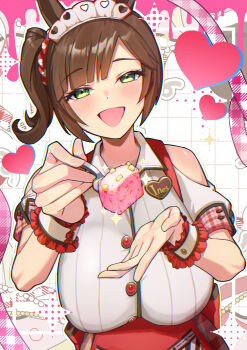 Rule 34 | 1girl, absurdres, amepa (ame pinecandy), animal ears, apron, bare shoulders, blush, breasts, brown hair, character name, clothing cutout, commentary request, feeding, freckles, green eyes, hair ornament, hair scrunchie, highres, horse ears, horse girl, incoming food, ines fujin (melty gift) (umamusume), ines fujin (umamusume), large breasts, looking at viewer, name tag, official alternate costume, open mouth, red apron, red scrunchie, scrunchie, shoulder cutout, side ponytail, smile, solo, umamusume, upper body, waitress, wrist wrap