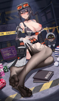 1girl 1other absurdres areola_slip bangboo_(zenless_zone_zero) black_choker black_hair black_pantyhose black_sports_bra blush book book_stack breasts can caution_tape chinese_commentary choker cleft_of_venus collarbone commentary_request computer crumpled_paper drink_can embarrassed eous_(zenless_zone_zero) feet gloves goggles goggles_on_head grace_howard hair_between_eyes hand_on_own_thigh highres indoors laptop large_breasts large_variant_set long_hair looking_at_viewer nipples no_panties no_shoes notebook one_breast_out orange-tinted_eyewear orange_eyes pantyhose parted_lips ponytail pussy shoulder_tattoo sidelocks soda_can soles solo sports_bra tattoo tinted_eyewear toes torn_clothes torn_pantyhose uncensored unzipped variant_set white_gloves wuren zenless_zone_zero