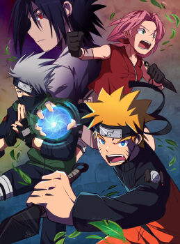 1girl 3boys anah_41 black_gloves black_hair black_pants blonde_hair blue_eyes breasts commentary english_commentary facial_mark fingerless_gloves forehead_protector gloves green_eyes green_jacket grey_hair hair_over_one_eye haruno_sakura hatake_kakashi highres holding holding_knife jacket knife leaf multiple_boys naruto_(series) naruto_shippuuden open_mouth orange_jacket pants pink_hair rasengan red_eyes red_jacket short_hair spiked_hair uchiha_sasuke uzumaki_naruto whisker_markings