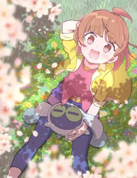 1girl 1other absurdres ahoge animal_ears atari_(puyopuyo) belt belt_buckle blurry blurry_foreground blush brown_eyes brown_hair buckle coat commentary_request flower hand_on_own_head highres jazz_grace looking_at_viewer looking_up loose_hair_strand non-humanoid_robot on_grass open_mouth pink_shirt purple_shorts puubot_(puyopuyo) puyopuyo puyopuyo_quest rabbit_ears robot shirt short_hair shorts sitting very_long_ears wind wind_lift yellow_coat