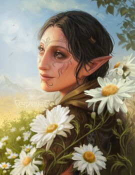 Rule 34 | 1girl, brown hair, daisy (flower), dragon age, dragon age 2, elf, facial tattoo, feyspeaker, flower, green eyes, highres, merrill (dragon age 2), mountain, outdoors, pointy ears, portrait, short hair, sky, smile, solo, tattoo