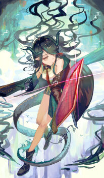 Rule 34 | 1girl, absurdres, arknights, black hair, dragon girl, dragon horns, dragon tail, dusk (arknights), earrings, eastern dragon tail, green horns, hair over one eye, highres, horns, jewelry, long hair, natsuba002, pointy ears, red eyes, solo, tail, tassel, tassel earrings