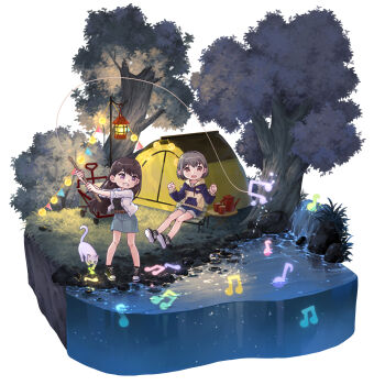 Rule 34 | 2girls, absurdres, animalization, bang dream!, bang dream! it's mygo!!!!!, beiji qi, belt, black hair, black shirt, blue hoodie, blue shorts, blue skirt, brown belt, brown eyes, cat, clenched teeth, commentary, diorama, english commentary, fishing rod, grey hair, highres, holding, holding fishing rod, hood, hood down, hoodie, jacket, kaname raana, long hair, long sleeves, mole, mole under eye, multiple girls, musical note, open clothes, open jacket, open mouth, purple eyes, raana the cat, shiina taki, shirt, short hair, shorts, simple background, sitting, skirt, standing, takamatsu tomori, teeth, tent, tree, water, waterfall, white background, white jacket