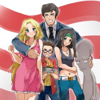 2girls 4boys alien american_dad! american_flag animification bad_id bad_pixiv_id black_hair blonde_hair blue_eyes breasts brother_and_sister brown_hair family father_and_daughter father_and_son fish francine_smith glasses groping hayley_smith highres klaus_smith mad_dragon mother_and_daughter mother_and_son multiple_boys multiple_girls pants piercing roger_smith_(american_dad!) siblings stan_smith steve_smith stomach
