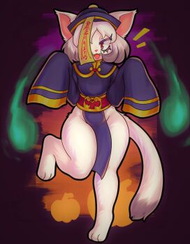 1girl :3 :d animal_ears animal_feet cat_ears cat_girl cat_tail chinese_clothes commentary digitigrade dress english_commentary fangs full_body furry furry_female hat highres jiangshi jiangshi_costume long_sleeves one_eye_covered open_mouth original purple_dress purple_hat red_eyes robo_(robosylveon) robosylveon short_hair sleeves_past_wrists slit_pupils smile solo standing standing_on_one_leg tail thick_eyelashes thick_lineart white_hair wide_sleeves