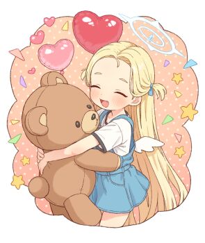 1girl balloon blonde_hair blue_archive blush closed_eyes commentary_request dress forehead halo heart_balloon holding holding_stuffed_toy hugging_object long_hair onyhakase open_mouth pinafore_dress sleeveless sleeveless_dress smile solo sora_(blue_archive) standing stuffed_animal stuffed_toy suspenders teddy_bear very_long_hair wings