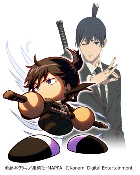 Rule 34 | 2boys, artist request, ball hands, belt, belt buckle, black eyes, black hair, black jacket, black necktie, black pants, black shoes, black sleeves, brown belt, buckle, business suit, buttons, chainsaw man, collared shirt, company name, copyright notice, drawing sword, dress pants, dress shirt, dual persona, earrings, fingernails, floating clothes, formal clothes, fox shadow puppet, hair between eyes, half updo, hayakawa aki, highres, holding, holding sheath, holding sword, holding weapon, jacket, jewelry, jikkyou powerful pro yakyuu, konami, lapels, looking at viewer, male focus, multiple boys, necktie, no mouth, no nose, nostrils, notched lapels, official art, official art inset, one eye closed, open clothes, open jacket, pants, parted lips, pocket, power pro appli, projected inset, rayman limbs, second-party source, sheath, shirt, shoes, simple background, studio mappa, suit, suit jacket, sword, teeth, thick lineart, topknot, undershirt, unsheathing, v-shaped eyebrows, weapon, white background, white shirt, wind, wing collar