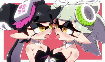 2girls after_kiss black_hair blush callie_(splatoon) callie_(squid_sisters_outfit)_(splatoon) cephalopod_eyes cousins earrings food food_on_head incest inkling jewelry kiss_focus looking_at_another marie_(splatoon) marie_(squid_sisters_outfit)_(splatoon) multiple_girls nintendo object_on_head pointy_ears red_background simple_background splatoon_(series) splatoon_1 squid suction_cups tentacle_hair usa_(dai9c_carnival) white_background white_hair yellow_eyes yuri
