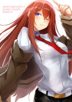1girl absurdres arm_belt belt black_pantyhose black_shorts blush breasts brown_hair brown_jacket collared_shirt hair_between_eyes hair_over_shoulder happy_birthday highres jacket jacket_partially_removed leather_belt long_hair makise_kurisu necktie one_eye_closed pantyhose purple_eyes purple_trim red_necktie science_adventure shirt short_shorts shorts small_breasts smile solo steins;gate white_belt white_shirt yakku