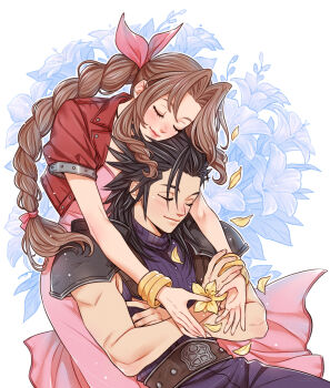 Rule 34 | 1boy, 1girl, aerith gainsborough, armor, black hair, blue sweater, blush, bracelet, braid, braided ponytail, closed eyes, closed mouth, commentary, couple, crisis core: final fantasy vii, crylin6, dress, english commentary, falling petals, final fantasy, final fantasy vii, floral background, flower, hair ribbon, hetero, jacket, jewelry, leaning on person, lips, long hair, on lap, parted bangs, petals, pink dress, pink lips, pink ribbon, ponytail, red jacket, ribbed sweater, ribbon, shoulder armor, smile, spiked hair, sweater, turtleneck, turtleneck sweater, yellow flower, yellow petals, zack fair