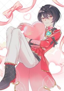 Rule 34 | 1boy, beads, black bow, black hair, black shoes, blue gem, boots, bow, choker, commentary request, ensemble stars!, floating, full body, gem, heart, heart-shaped gem, high heel boots, high heels, highres, holding, holding heart, light blush, long sleeves, love collector (ensemble stars!), male focus, official alternate costume, pants, parted lips, pink choker, red bow, red eyes, red ribbon, red shirt, ribbon, sakuma ritsu, shirt, shoes, sitting, sleeve bow, solo, tailcoat, teeth, tsun (thornforest 186), white pants