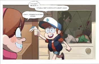 ! 2boys 2girls amugea artist_collaboration bent_over blush_stickers bottomless bracelet clothed_sex clothes_pull commentary constricted_pupils dipper_pines doggystyle english_commentary english_text fur_hat gravity_falls green_shirt hat heart hetero holding holding_ticket jewelry long_hair long_nose mabel_pines matchattea multiple_boys multiple_girls netorare pants pants_pull plaid_clothes plaid_shirt robbie_valentino sex_from_behind shirt speech_bubble stealth_sex ticket toon_(style) ushanka wendy_corduroy window