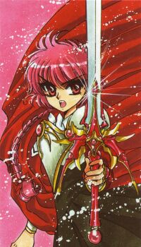 1990s_(style) 1girl armor armored_dress braid cape clamp dress female_focus long_hair magic_knight_rayearth official_art pink_background red_eyes red_hair red_theme retro_artstyle scan school_uniform serious shidou_hikaru solo sword weapon