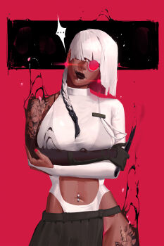 ... 1girl absurdres arm_tattoo asymmetrical_clothes black_lips breasts clothing_cutout cowboy_shot dark-skinned_female dark_skin darkness earrings glowing glowing_earrings hair_over_one_eye highres ink jewelry large_breasts leotard navel navel_piercing original patrick_ganas piercing round_eyewear short_hair_with_long_locks solo spoken_ellipsis stomach_cutout tattoo white_hair white_leotard