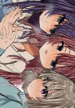 Rule 34 | 3girls, blue eyes, blue sweater, blush, closed mouth, commentary, girl sandwich, grey hair, gujyo kanade, highres, kamiina botan, kamiina botan yoeru sugata wa yuri no hana, long hair, multiple girls, namamugi2345, parted lips, pink hair, purple eyes, purple hair, sandwiched, shirt, sideways, sweat, sweater, tonami ibuki, white shirt, yuri