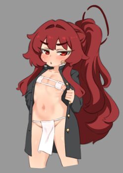 1girl ahoge ashiharatsumori_koito bandaid bandaid_on_cheek bandaid_on_face basukechi bikini blush coat cowboy_shot eyepatch_bikini flat_chest grey_background groin halo japanese_clothes loincloth loli long_hair long_sleeves looking_at_viewer micro_bikini open_clothes open_coat open_mouth pelvic_curtain project_kv red_eyes red_hair simple_background solo standing stomach swimsuit swimsuit_under_clothes very_long_hair white_bikini