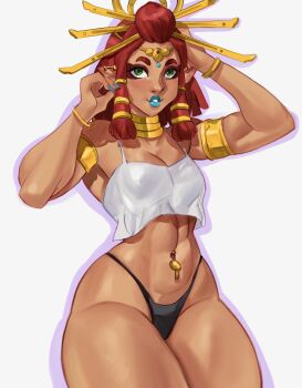 1girl abs adjusting_hair bare_shoulders blush bracelet breasts covered_erect_nipples dark-skinned_female dark_skin dlusionalx ear_piercing gold green_eyes hair_ornament highres jewelry lips muscular muscular_female nails navel navel_piercing necklace nintendo piercing pointy_ears purple_background red_hair riju shirt small_breasts the_legend_of_zelda the_legend_of_zelda:_tears_of_the_kingdom thong