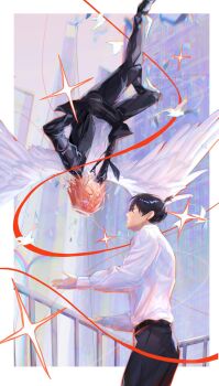 Rule 34 | 2boys, angel, angel devil (chainsaw man), angel wings, black necktie, black pants, border, chainsaw man, closed mouth, collared shirt, commentary request, dress pants, eye contact, floating, halo, hands in pockets, hayakawa aki, hcyun526, highres, jacket, looking at another, male focus, medium hair, multiple boys, necktie, open clothes, open jacket, outside border, pants, shirt, shirt tucked in, topknot, traditional halo, upside-down, white border, white shirt, white wings, wings, yaoi