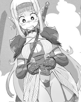 1girl andrewcockroach armor bikini blush breasts choker cleavage cleavage_cutout clenched_teeth clothes_lift clothing_cutout collarbone commentary dress dress_lift elf english_commentary female_pubic_hair frown garter_straps gauntlets headband highres lifting_own_clothes long_hair monochrome original pointy_ears pubic_hair short_sleeves shoulder_armor sidelocks solo standing strap swimsuit sword teeth thighhighs weapon