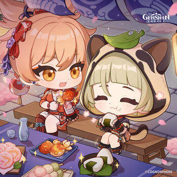 2girls absurdres animal_ear_hood animal_ears arm_tattoo bandaged_arm bandaged_leg bandages blunt_bangs boots bracelet breasts cherry_blossoms chest_sarashi chest_tattoo chibi choker closed_eyes closed_mouth commentary copyright_name dango dot_nose eating english_commentary fake_animal_ears fake_tail falling_petals fingerless_gloves food food_on_face genshin_impact gloves hair_ornament hands_up highres holding holding_food hood hood_up japanese_clothes jewelry leaf leaf_on_head looking_at_another makeup motion_lines multiple_girls nail_polish official_art on_bench onigiri open-toe_boots orange_eyes petals red_choker sarashi sayu_(genshin_impact) sitting smile tail tassel tattoo tile_floor tiles vision_(genshin_impact) wagashi yoimiya_(genshin_impact)