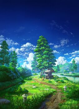 blue_sky bush cloud cloudy_sky commentary cyclecircle day english_commentary fox grass highres no_humans original path river road rock scenery shrine sky tree