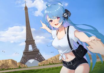 1boy 1girl :d absurdres alternate_costume azur_lane bag belt bird black_bra black_shorts blue_hair bra breasts cleavage cloud commander_(azur_lane) commission cowboy_shot crop_top day eiffel_tower grass helena_(azur_lane) highres holding_hands long_hair looking_at_viewer medium_breasts midriff navel nyle404 open_mouth outdoors pointing pointing_at_object pov pov_hands purple_eyes shirt short_shorts short_sleeves shorts shoulder_bag side-tie_shirt smile stomach string_bra teeth tree underwear upper_teeth_only very_long_hair vgen_commission white_shirt