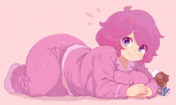 1girl 1other ahoge all_fours animal_ears blue_eyes blue_shoes blue_shorts borrowed_character brown_hair character_doll closed_mouth commentary dog_ears doll english_commentary gender_request hat highres long_sleeves looking_at_viewer lying medium_hair multicolored_eyes notice_lines on_stomach original pajamas pants pink_background pink_hair pink_pants pink_shirt pink_shoes purple_eyes sailor_hat shirt shoes shorts sillydogjoe smile solo white_shirt