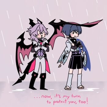 Rule 34 | 2boys, :<, aracanthus38633, armor, artist name, belt, black belt, black bodysuit, black boots, black horns, black shorts, black tail, blue cape, blue kimono, blunt ends, blush, bodysuit, boots, bow, bridal gauntlets, brown sandals, cape, closed eyes, closed mouth, coat, coattails, commentary, crossed bangs, dragon boy, dragon horns, dragon tail, dragon wings, english commentary, english text, facial mark, facing to the side, feathers, forehead mark, furisode, genshin impact, gloves, gold, grey bridal gauntlets, grey coat, grey hair, hair between eyes, heart, heart facial mark, horns, japanese armor, japanese clothes, juban, kimono, kote, kurokote, leg warmers, looking at another, mini durin (genshin impact), mini durin (human) (genshin impact), multiple boys, open clothes, open coat, open kimono, open mouth, outdoors, pants, pink background, pom pom (clothes), purple bow, purple hair, purple sash, purple vest, rain, red coat, red wings, sandals, sash, scaramouche (genshin impact), shorts, tail, two-sided coat, two-sided fabric, vest, wanderer (genshin impact), white gloves, white kimono, white leg warmers, white mouth, white pants, white sleeves, wing umbrella, wings, yellow feathers