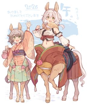 Rule 34 | 2026, 2girls, 7010, :d, animal ears, arm up, artist name, bare shoulders, blush, braid, breasts, centaur, chinese zodiac, commentary request, crop top, cropped kimono, crossed bangs, detached sleeves, full body, fur collar, green eyes, green skirt, grey hair, hair between eyes, holding kinchaku, hooves, horse ears, horse tail, japanese clothes, kimono, kinchaku, long hair, long sleeves, looking at viewer, medium breasts, midriff, monster girl, multiple girls, multiple legs, navel, obi, open mouth, original, pink kimono, pouch, red skirt, sash, short hair, sidelocks, skirt, sleeveless, sleeveless kimono, smile, snow, standing, standing on three legs, tail, taur, translation request, twin braids, white kimono, white sleeves, wide sleeves, year of the horse