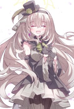 Rule 34 | 1girl, ascot, black gloves, black hat, black headband, black overskirt, blue archive, breasts, closed eyes, crossed bangs, detached sleeves, earrings, flower, gloves, green ascot, green flower, green rose, grey hair, hair between eyes, halo, hat, hat flower, headband, highres, idol clothes, jewelry, karikura (atatata71), large breasts, long hair, mini hat, mini top hat, official alternate costume, open mouth, rose, sakurako (blue archive), sakurako (idol) (blue archive), smile, solo, top hat, very long hair, yellow halo