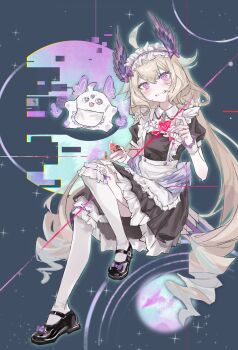 1girl ahoge aloupeep_(enna_alouette) blonde_hair blush commentary_request enna_alouette flower full_body grin hair_between_eyes hair_flower hair_ornament head_wings heart highres kneehighs long_hair looking_at_viewer low_twintails maid maid_headdress nijisanji nijisanji_en oneyife1 purple_eyes smile socks solo_focus twintails very_long_hair virtual_youtuber wings