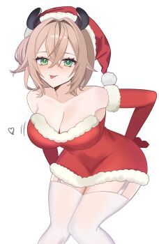 1girl animal_ears bare_shoulders blush breasts brown_hair cleavage commentary cowboy_shot dress english_commentary green_eyes hat heart highres indie_virtual_youtuber large_breasts nimi_nightmare red_dress red_hat santa_hat side_ponytail simple_background solo strapless strapless_dress tapir_ears tapir_girl thighhighs tongue tongue_out tsukasa12598 virtual_youtuber white_background white_thighhighs