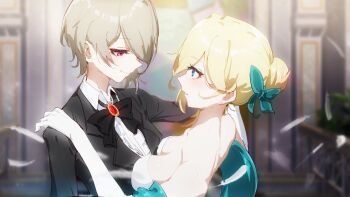 2girls blue_eyes bow bowtie butterfly_hair_ornament commentary_request dancing durandal_(honkai_impact) ether.b formal_clothes hair_ornament highres honkai_(series) honkai_impact_3rd looking_at_another multiple_girls red_eyes rita_rossweisse short_hair suit yuri