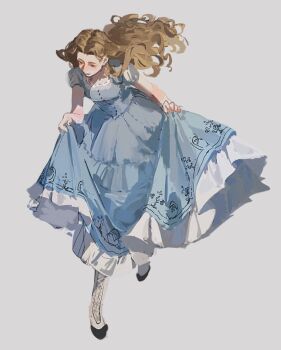 Rule 34 | 1girl, alice's adventures in wonderland, alice (alice in wonderland), blonde hair, blue dress, boots, brown eyes, dress, frilled dress, frills, full body, highres, hiiragimare, long hair, looking down, open mouth, puffy sleeves, short sleeves, simple background, sketch, skirt hold, smile, solo, white background, white boots