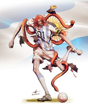 1boy animal argentina argentinian_flag argentinian_flag_print artist_name ball bat_wings cosplay elden_ring elden_ring:_shadow_of_the_erdtree flag_print forsaken-tax-6132 highres lionel_messi lionel_messi_(cosplay) long_arms medium_hair messmer_the_impaler red_hair shirt signature snake soccer_ball soccer_uniform solo sportswear wings yellow_eyes