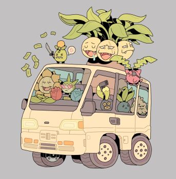 ^_^ angry banknote budew closed_eyes driving exeggutor eyepatch flying gen_1_pokemon gen_2_pokemon gen_3_pokemon gen_4_pokemon gun highres holding holding_gun holding_knife holding_weapon hoppip knife leaf money motor_vehicle nintendo no_humans oddish on_van on_vehicle orangesdeen pokemon pokemon_(creature) roselia_(pokemon) saliva scar scar_across_eye scar_on_face shroomish smoliv speech_bubble sunflora sunglasses triangular_eyewear van weapon