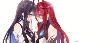 2girls absurdres ahoge artist_name black_hair blue_fire blue_hair blush clothing_cutout colored_inner_hair commentary demon_horns drooling elizabeth_rose_bloodflame elizabeth_rose_bloodflame_(1st_costume) english_commentary fire fire_on_chest from_side hair_ornament highres hololive hololive_english horns huge_ahoge kivo long_hair mouth_drool multicolored_hair multiple_girls nerissa_ravencroft nerissa_ravencroft_(1st_costume) profile red_eyes red_hair shirt shoulder_cutout signature simple_background tassel tassel_hair_ornament two-tone_hair upper_body very_long_hair virtual_youtuber white_background white_shirt yuri