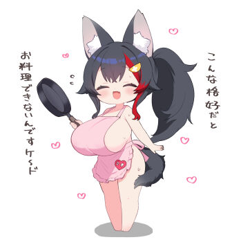 1girl apron breasts chibi highres hololive kani_bonara large_breasts naked_apron ookami_mio solo virtual_youtuber