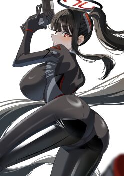 1girl absurdres ass black_bodysuit black_hair black_halo blue_archive bodysuit breasts bright_pupils gun halo highres holding holding_gun holding_weapon huge_breasts ito_(ito577) long_hair looking_back red_eyes red_halo ringed_eyes rio_(blue_archive) rio_(bodysuit)_(blue_archive) simple_background solo thighs weapon white_background white_pupils