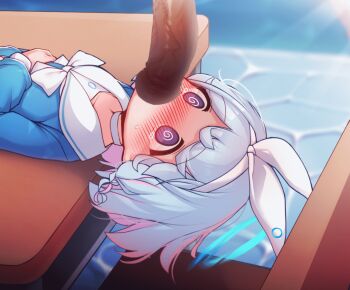 1boy 1girl @_@ animated animated_gif arona_(blue_archive) asphyxiation blue_archive blue_hair blue_halo blue_shirt blush bow_hairband choker commentary deep_penetration deepthroat desk disembodied_penis distorted_halo fellatio hairband halo hetero human_onahole irrumatio loli lying mochikushi on_back oral paid_reward_available penis rough_sex sailor_collar school_desk shirt white_choker white_hairband white_sailor_collar x-ray