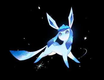 black_background blue_eyes botjira floating full_body gen_4_pokemon glaceon highres nintendo no_humans pokemon pokemon_(creature) pokemon_focus simple_background solo sparkle