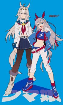 Rule 34 | 2girls, ahoge, animal ears, belt, betti (xx betti), black leggings, black pantyhose, blue eyes, blue hairband, blue jacket, blue sailor collar, blue skirt, blue sports bra, blush, boots, brooch, closed mouth, crop top, ear covers, ear ornament, fingerless gloves, gloves, grey hair, grey tail, hair between eyes, hair ornament, hairband, headband, highres, horse ears, horse girl, horse tail, jacket, jewelry, leggings, lightning bolt print, lightning bolt symbol, long hair, long sleeves, looking at viewer, midriff, multicolored hair, multiple girls, navel, neckerchief, oguri cap (starlight beat) (umamusume), oguri cap (umamusume), open mouth, pants, pantyhose, pleated skirt, red belt, red headband, red neckerchief, sailor collar, shirt, shoes, skirt, smile, sports bra, star brooch, striped clothes, striped hairband, tail, tamamo cross (umamusume), tamamo cross (with lightning speed) (umamusume), umamusume, umamusume: cinderella gray, very long hair, white boots, white gloves, white jacket, white pants, white shirt