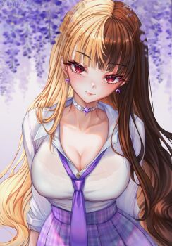 Rule 34 | 1girl, absurdres, artist name, blonde hair, bra visible through clothes, breasts, brown hair, character request, choker, cleavage, closed mouth, copyright request, crescent, crescent earrings, earrings, highres, jewelry, lips, long hair, multicolored hair, necktie, purple necktie, purple skirt, red eyes, sainty, shirt, skirt, solo, split-color hair, white shirt