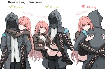 1girl 1other :d absurdres arknights black_boots black_coat black_jacket boots carrying coat commentary cowboy_shot doctor_(arknights) english_commentary english_text gongbangmanchi_(daisy_cutter) halo highres hood hood_up hooded_coat hooded_jacket jacket lace-up_boots lemuen_(arknights) long_hair long_sleeves looking_at_viewer open_mouth piggyback pink_eyes pink_hair princess_carry simple_background smile standing thigh_boots traditional_halo white_background