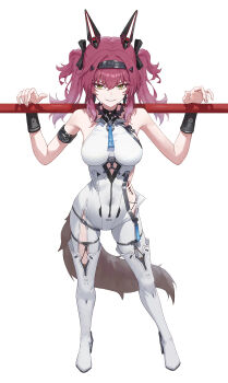 1girl absurdres armlet bare_shoulders black_bow bodysuit boots bow breasts collar commentary fingernails full_body hair_between_eyes hair_bow hair_ornament hairband headgear highres jewelry llami_0 long_hair looking_at_viewer lupa_(wuthering_waves) medium_breasts metal_collar metal_hairband multiple_hair_bows parted_lips pink_hair polearm simple_background smile solo standing tacet_mark_(wuthering_waves) tail thigh_boots twintails weapon weapon_across_shoulders white_background white_bodysuit white_boots wolf_tail wrist_guards wuthering_waves yellow_eyes