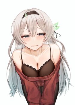 1girl absurdres alternate_costume bare_shoulders black_bra black_pantyhose black_ribbon blush bra breasts brown_hairband cleavage commentary_request cosplay firefly_(honkai:_star_rail) gradient_eyes gradient_hair green_pupils grey_hair hair_between_eyes hair_intakes hair_ornament hairband hatsukyo highres honkai:_star_rail honkai_(series) large_breasts leaning_forward long_hair looking_to_the_side multicolored_eyes multicolored_hair off-shoulder_sweater off_shoulder open_mouth pantyhose red_sweater ribbon simple_background solo squinting sweatdrop sweater underwear white_background yor_briar yor_briar_(cosplay)