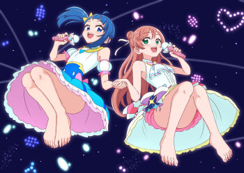 2girls :d absurdres ahoge ascot asymmetrical_bangs bare_arms bare_legs bare_shoulders barefoot bloomers blue_background blue_dress blue_eyes blue_hair blush bow brooch colored_petticoat commentary cosplay cure_prism cure_prism_(cosplay) cure_sky cure_sky_(cosplay) cut_bangs detached_sleeves dress dress_bow feet fingernails full_body green_eyes hair_bow hair_bun hair_ornament hair_ribbon hakuino_hakase half_updo halter_dress halterneck hands_up heart heart_background henshin highres hirogaru_sky!_precure holding holding_hands jewelry knees_together_feet_apart knees_up legs_together long_hair long_sidelocks looking_at_another magical_girl medium_dress midair multicolored_dress multiple_girls nijigaoka_mashiro no_cape no_gloves open_mouth petticoat pink_bloomers pink_bow pink_hair ponytail precure puffy_detached_sleeves puffy_sleeves ribbon self_cosplay side_ponytail sidelocks single_hair_bun single_sidelock sky_mirage sleeveless sleeveless_dress smile sora_harewataru swept_bangs teeth toenails toes transformation two-tone_dress underwear upper_teeth_only white_ascot white_bow white_dress white_ribbon wing_brooch yellow_bow