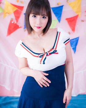 1girl breasts brown_eyes brown_hair female_focus highres large_breasts looking_at_viewer medium_hair model photo_(medium) real_life shibuya_kaho smile solo