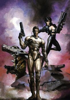 1girl 2boys absurdres aircraft armor assault_rifle beard black_hair breasts brown_hair bullpup cleaned cleavage detexted facial_hair gun handgun highres holding holding_gun holding_weapon jacket military_vehicle motor_vehicle multiple_boys official_art resized rifle science_fiction short_hair submachine_gun suemi_jun tank the_hybrid_front third-party_edit upscaled weapon white_beard